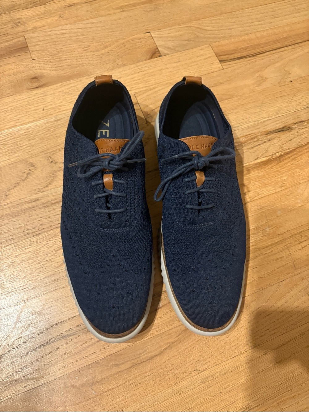 Cole Haan Navy Knit Lace-Up Oxfords with Tan Accents